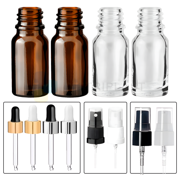 Frasco vidrio ambar / transparente 10cc R18 Tapas premium