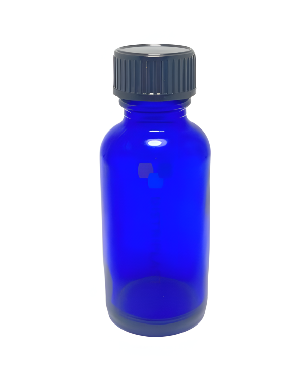 Botella de Vidrio Azul R20/30cc Tapa Negra