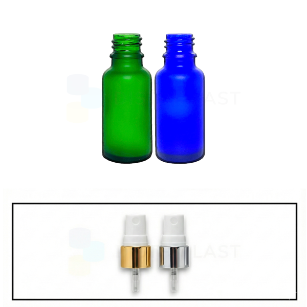 Frasco Vidrio Azul/Verde Esmerilado 20cc Spray Dorado/Plateado