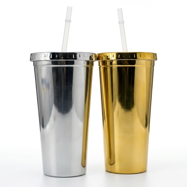 Vaso PP dorado / plateado 450cc con tapa y sorbito